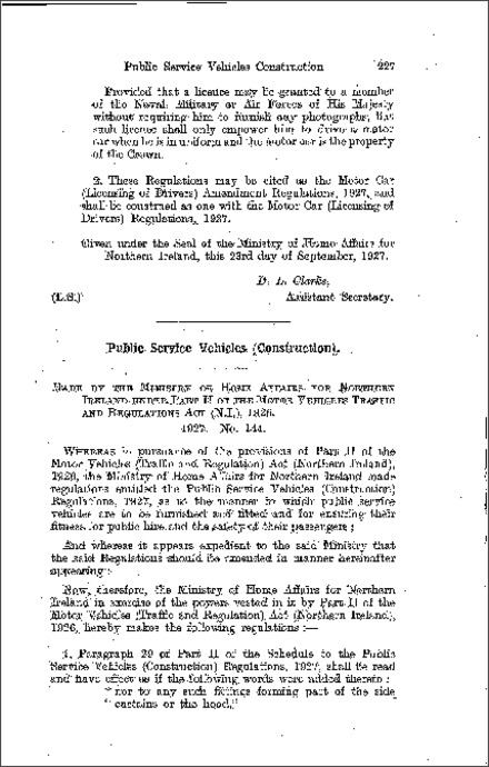 The Public Service Vehicles (Construction) Amendment Regulations (Northern Ireland) 1927