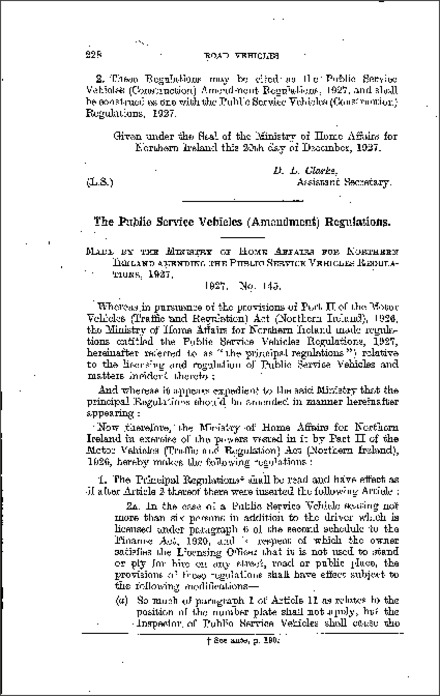The Public Service Vehicles (Amendment) Regulations (Northern Ireland) 1927
