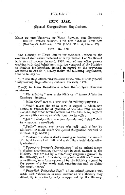 The Sale of Milk (Special Designations) Regulations (Northern Ireland) 1927