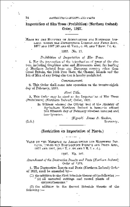 The Importation of Elm Trees (Prohibition) Order (Northern Ireland) 1927