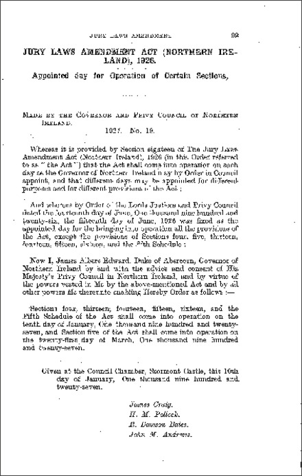 The Jury Laws Amendment Act Order (Northern Ireland) 1927