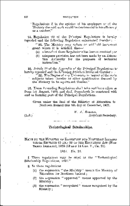 The Technological Scholarship Regulations (Northern Ireland) 1927