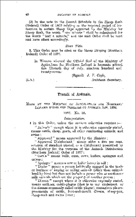 The Transmit of Animals Order (Northern Ireland) 1927