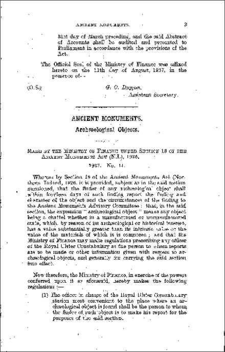 The Ancient Monuments, Archaeological Objects Regulations (Northern Ireland) 1927