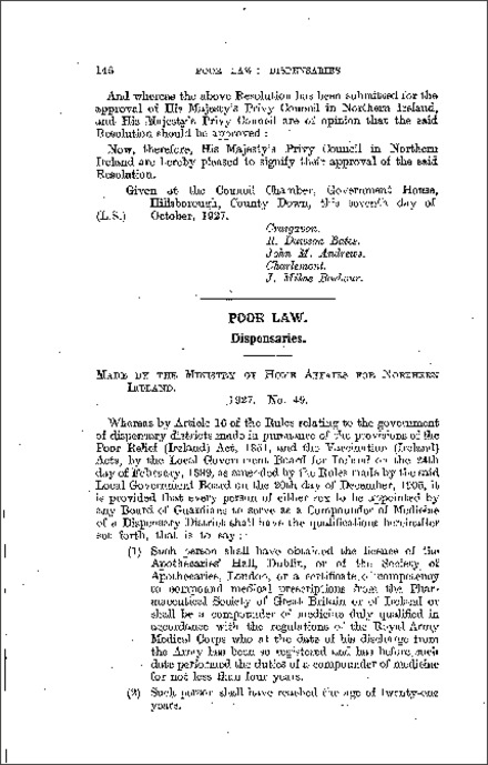 The Poor Law Dispensaries (Northern Ireland) 1927