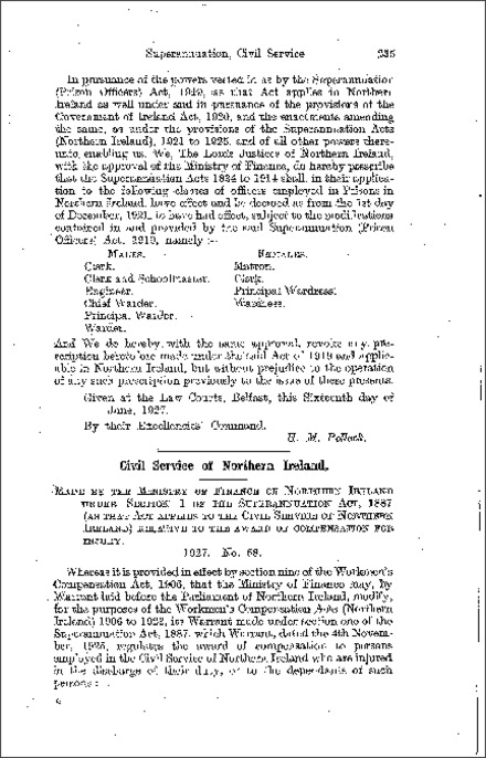 The Civil Service Superannuation Order (Northern Ireland) 1927