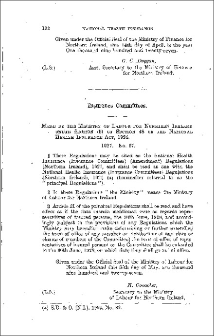 The National Health Insurance (Insurance Committees) (Amendment) Regulations (Northern Ireland) 1927