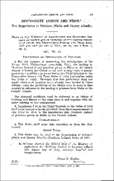 The Importation of Potatoes (Malta and Canary Islands) Order (Northern Ireland) 1927