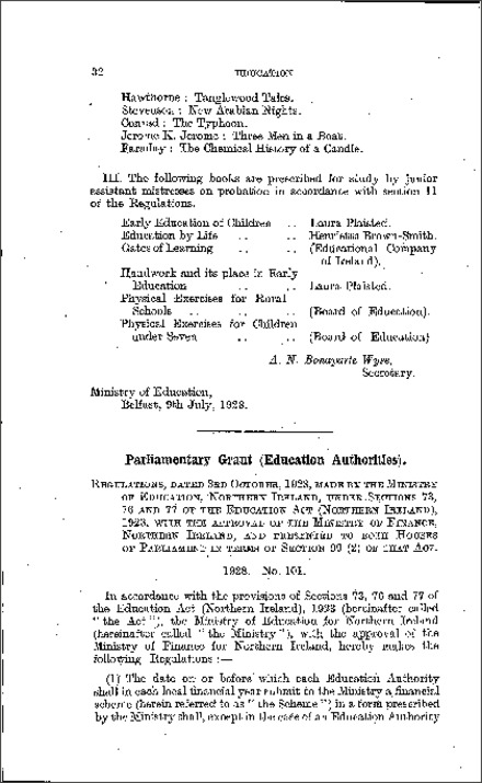 The Parliamentary Grant (Education Authorities) Regulations (Northern Ireland) 1928