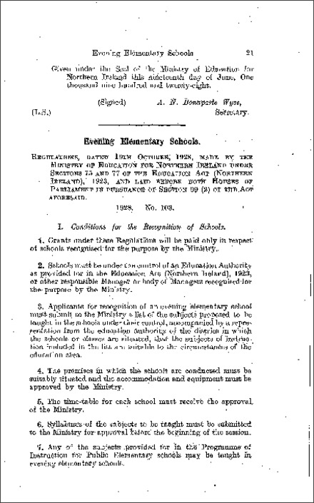 The Evening Elementary School Regulations (Northern Ireland) 1928