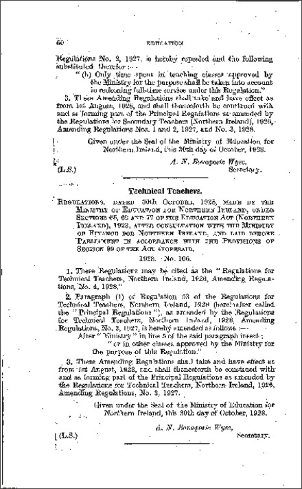 The Technical Teachers, 1926, Amendment Regulations No. 4 (Northern Ireland) 1928