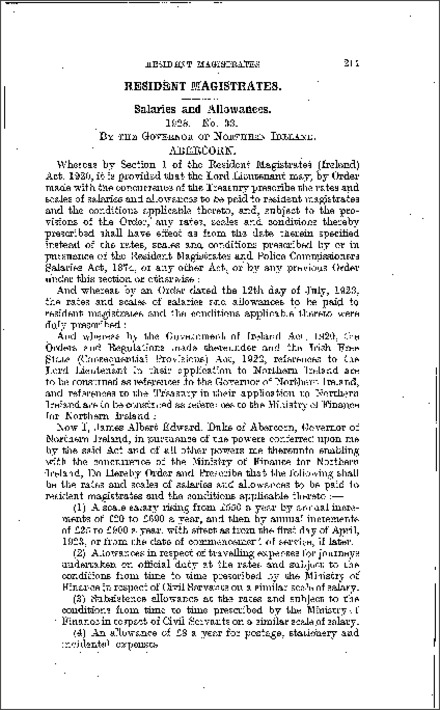 The Resident Magistrates (Salaries and Allowances) Order (Northern Ireland) 1928