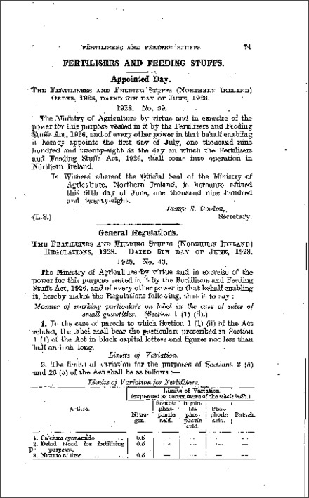 The Fertilisers and Feeding Stuffs, Appointed day Order (Northern Ireland) 1928