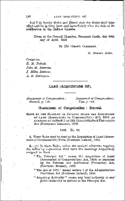 The Acquisition of Land (Assessment of Compensation) Rules (Northern Ireland) 1928