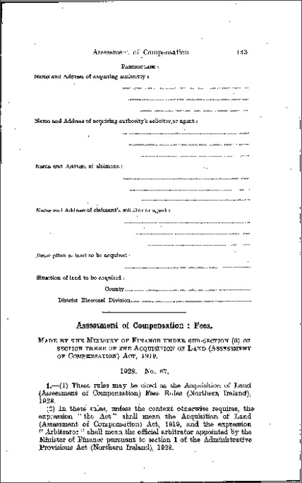 The Acquisition of Land (Assessment of Compensation) Fees Rules (Northern Ireland) 1928