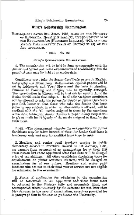 The King's Scholarship Examinations Regulations (Northern Ireland) 1928