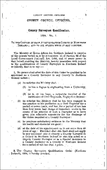 The County Surveyors Qualification Order (Northern Ireland) 1928