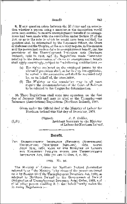 The Unemployment Insurance (Benefit) (Amendment) Regulations (Northern Ireland) 1928