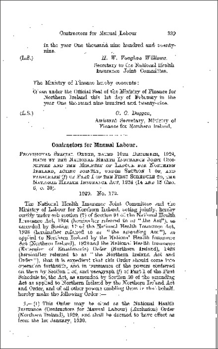 The National Health Insurance (Contractors for Manual Labour) (Exclusion) Order (Northern Ireland) 1929