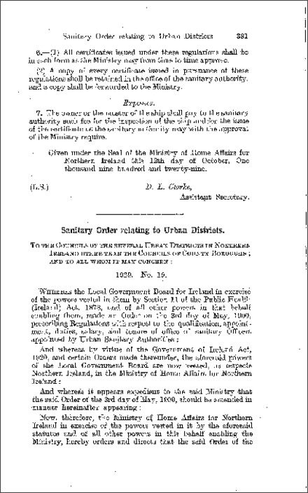 The Public Health: Sanitary Order relating to Urban Districts (Northern Ireland) 1929