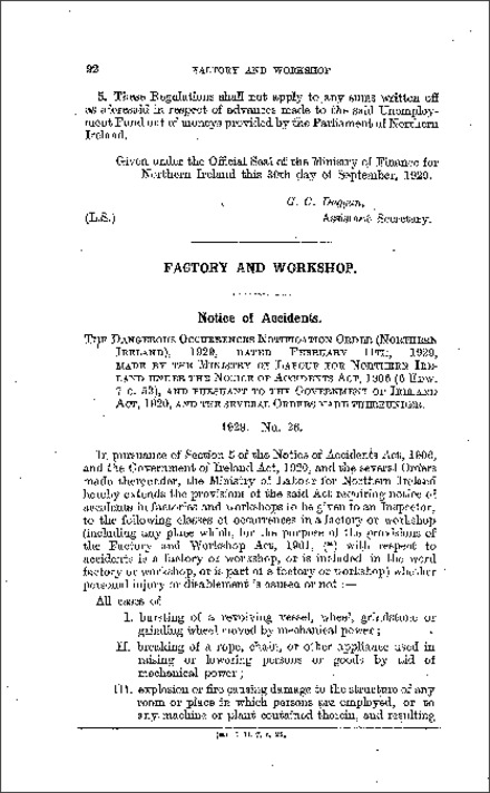 The Dangerous Occurrences Notification Order (Northern Ireland) 1929