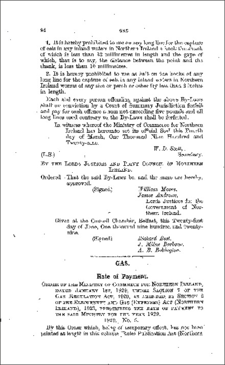 The Gas: Rate of Payment Order (Northern Ireland) 1929