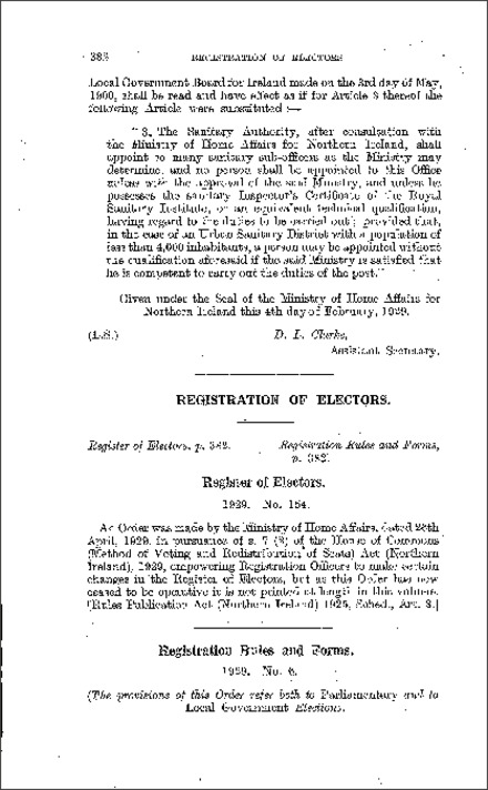 The Elections: Registration Rules and Forms Order (Northern Ireland) 1929