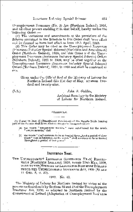 The Unemployment Insurance (Insurance Year) Regulations (Northern Ireland) 1929