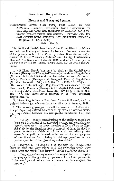 The Contributory Pensions (Exempt and Excepted Persons) Amendment Regulations (Northern Ireland) 1929