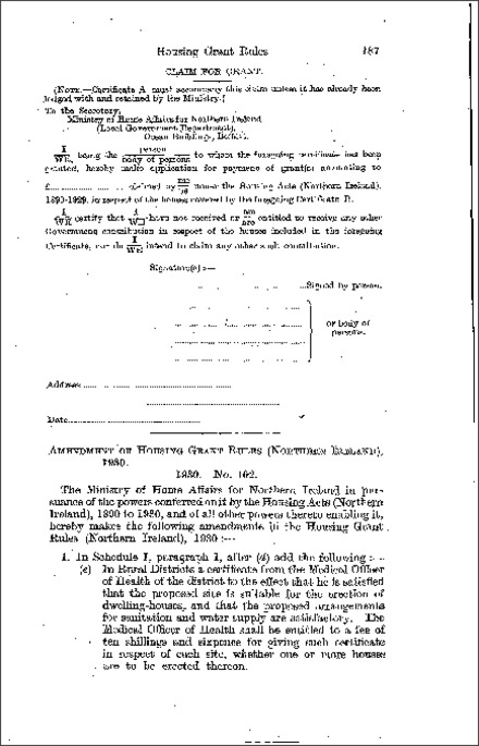 The Housing Grant Amendment Rules (Northern Ireland) 1930