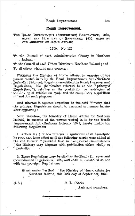 The Roads Improvement (Amendment) Regulations (Northern Ireland) 1930