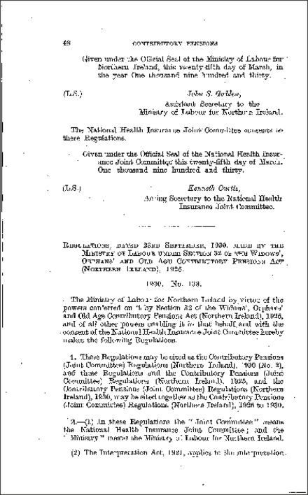 The Contributory Pensions (Joint Committee) Regulations No. 2 (Northern Ireland) 1930