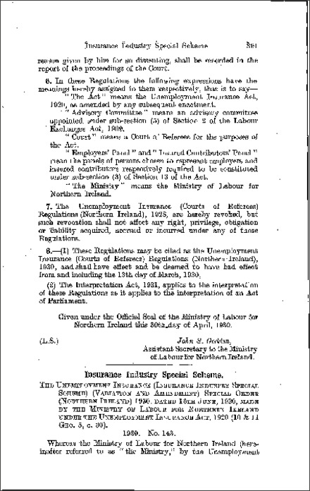 Unemployment Insurance (Insurance Industry Special Scheme) (Variation and Amendment) Special Order (Northern Ireland) 1930