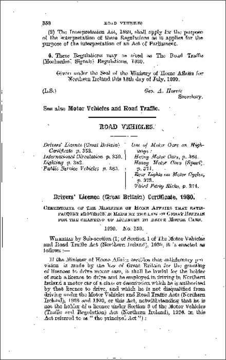 The Driver's Licence (Great Britain) Certificate Order (Northern Ireland) 1930