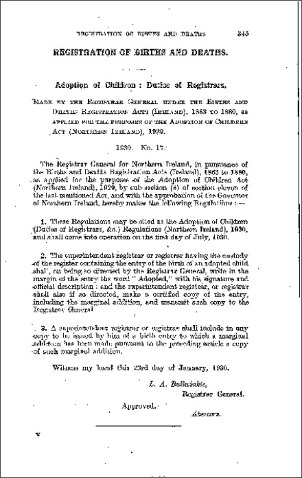 The Adoption of Children (Duties of Registrars, &c.) Regulations (Northern Ireland) 1930