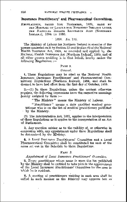 The National Health Insurance (Insurance Practitioners' and Pharmaceutical Cttees) Regulations (Northern Ireland) 1930