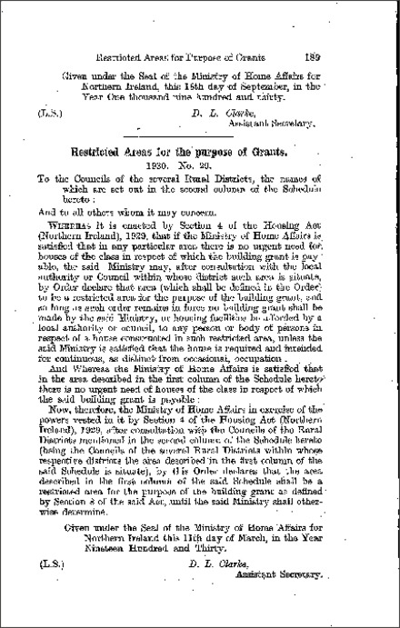 The Housing: Restricted Areas for the purpose of Grants Order (Northern Ireland) 1930