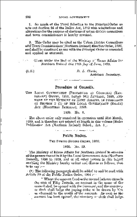 The Local Government: Procedure of Councils Order (Northern Ireland) 1930
