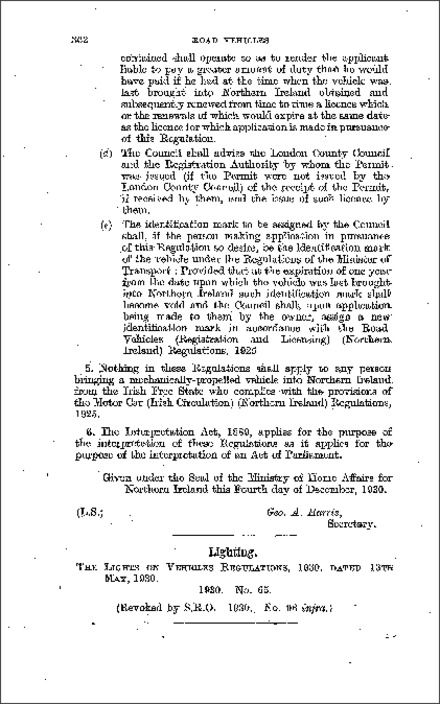 The Lights on Vehicles Regulations (Northern Ireland) 1930
