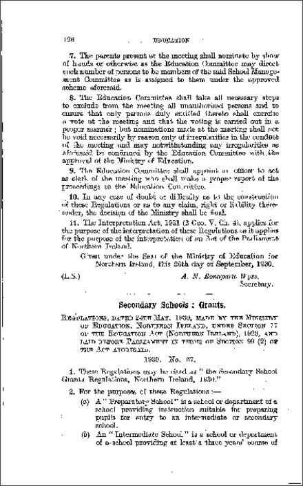 The Secondary School Grants Regulations (Northern Ireland) 1930