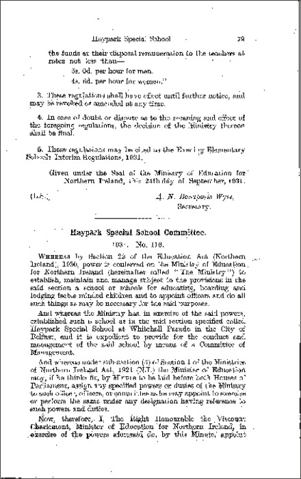 The Haypark Special School Committee Order (Northern Ireland) 1931