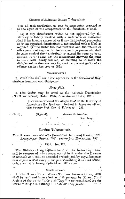 The Bovine Tuberculosis Amendment Order (Northern Ireland) 1931