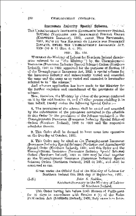 The Unemployment Insurance (Insurance Industry Special Scheme) (Variation and Amendment) Special Order (Northern Ireland) 1931