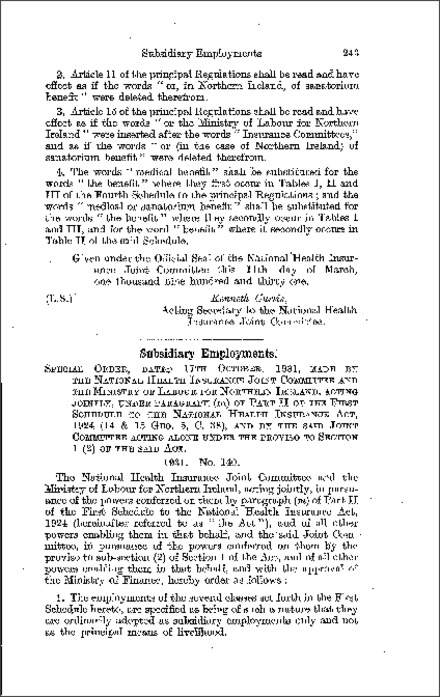The National Health Insurance (Subsidiary Employments) Order (Northern Ireland) 1931