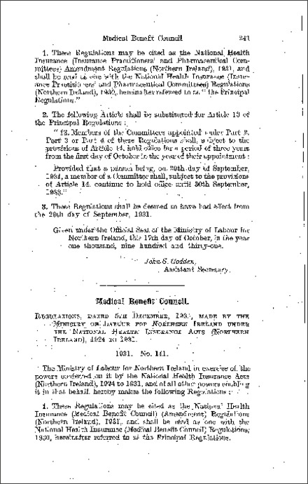 The National Health Insurance (Medical Benefit Council) Amendment) Regulations (Northern Ireland) 1931