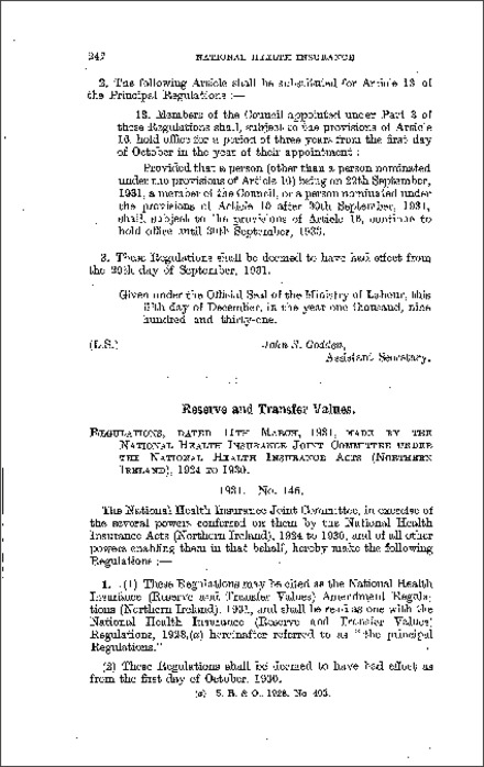 The National Health Insurance (Reserve and Transfer Values) Amendment Regulations (Northern Ireland) 1931