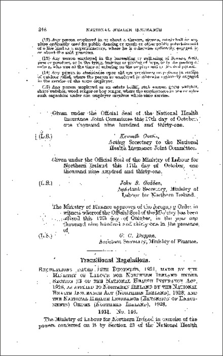 The National Health Insurance Transitional Amendment Regulations (Northern Ireland) 1931