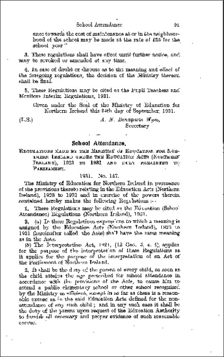 The Education (School Attendance) Regulations (Northern Ireland) 1931