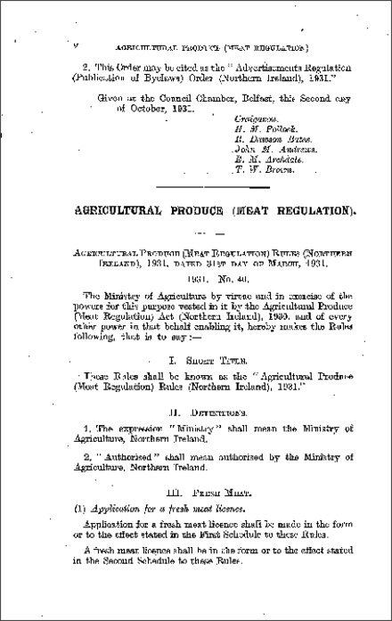 The Agricultural Produce (Meat Regulations) Rules (Northern Ireland) 1931