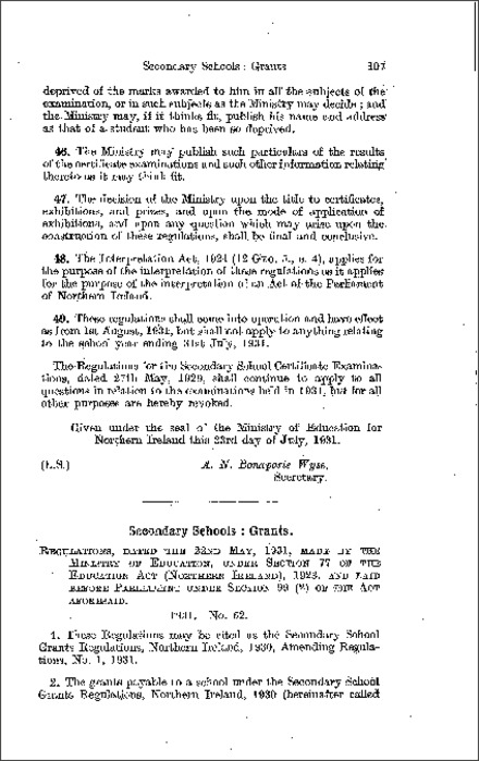 The Secondary School Grants Amendment Regulations No. 1 (Northern Ireland) 1931